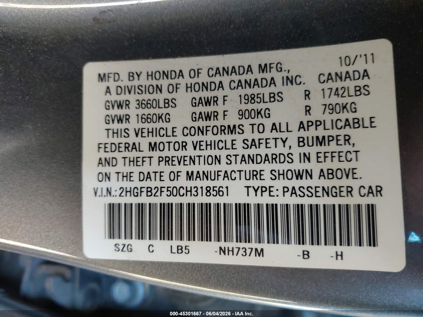 2012 Honda Civic 1.8 Lx grey Lot 111045301667 Vin 2HGFB2F50CH318561