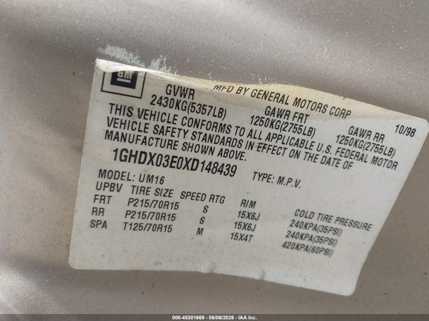 1999 Oldsmobile Silhouette Premiere Edition VIN: 1GHDX03E0XD148439 Lot: 45301669