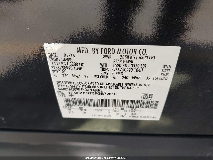 2015 Ford Explorer Sport VIN: 1FM5K8GT5FGB72616 Lot: 45301673