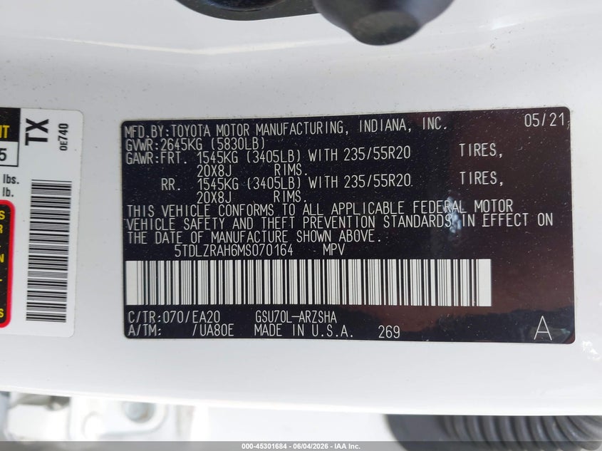 2021 Toyota Highlander Xse VIN: 5TDLZRAH6MS070164 Lot: 45301684