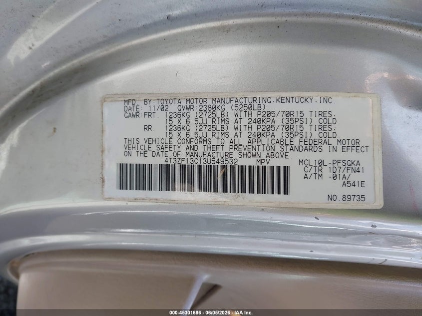 2003 Toyota Sienna Le VIN: 4T3ZF13C13U549532 Lot: 45301686
