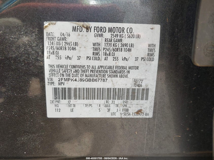 2016 Ford Edge Sel VIN: 2FMPK4J89GBB67787 Lot: 45301705
