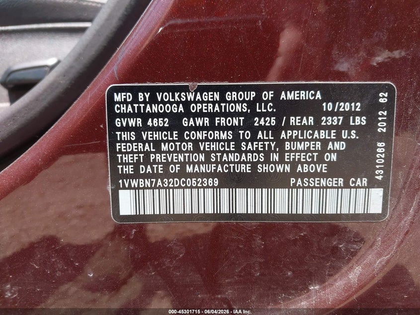 2013 Volkswagen Passat 2.0L Tdi Se VIN: 1VWBN7A32DC052369 Lot: 45301715