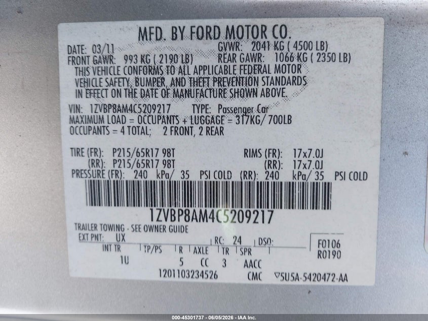 2012 Ford Mustang V6 VIN: 1ZVBP8AM4C5209217 Lot: 45301737