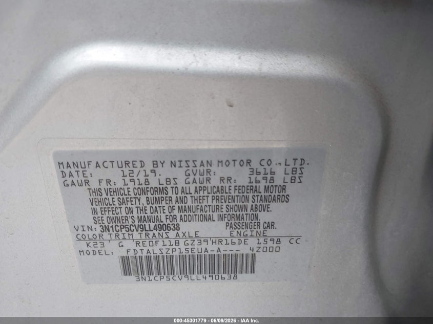 2020 Nissan Kicks Sv Xtronic Cvt VIN: 3N1CP5CV9LL490638 Lot: 45301779