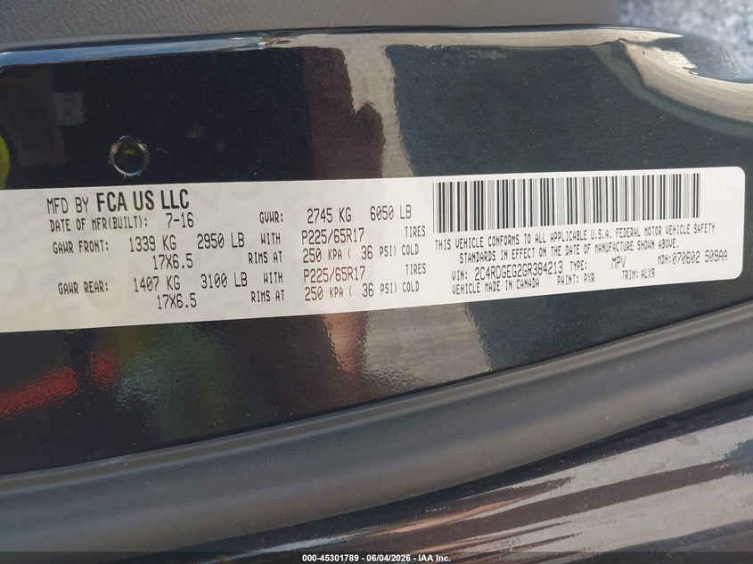 2016 Dodge Grand Caravan R/T VIN: 2C4RDGEG2GR384213 Lot: 45301789