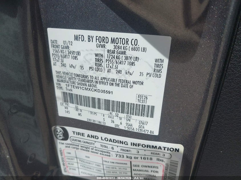2012 Ford F-150 Xlt VIN: 1FTEW1CMXCKD35591 Lot: 45301813