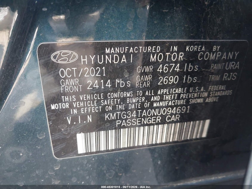 2022 Genesis G70 2.0T Rwd VIN: KMTG34TA0NU094691 Lot: 45301815