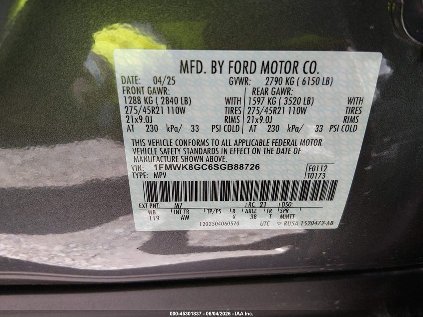 2025 Ford Explorer St VIN: 1FMWK8GC6SGB88726 Lot: 45301837