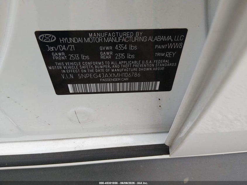 2021 Hyundai Sonata Se VIN: 5NPEG4JAXMH106786 Lot: 45301856
