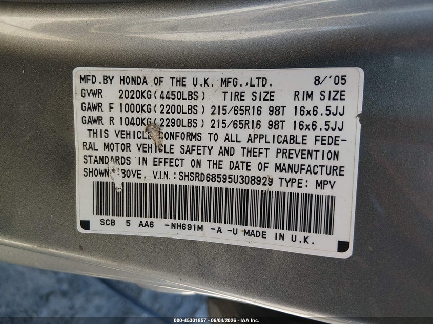 2005 Honda Cr-V Lx VIN: SHSRD68595U308929 Lot: 45301857