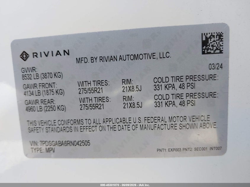2024 Rivian R1S Adventure Quad Motor Large Pack VIN: 7PDSGABA6RN042505 Lot: 45301870
