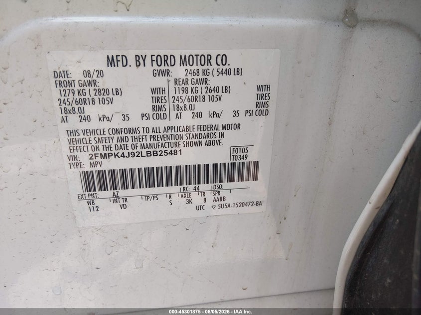 VIN 2FMPK4J92LBB25481 2020 FORD EDGE SEL