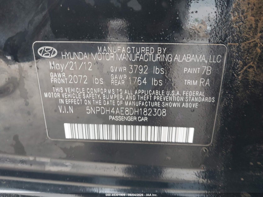 2013 Hyundai Elantra Gls VIN: 5NPDH4AE8DH182308 Lot: 45301909