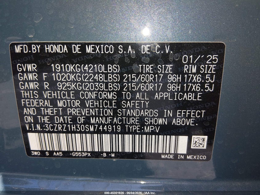 VIN 3CZRZ1H30SM744919 2025 HONDA HR-V 2WD LX