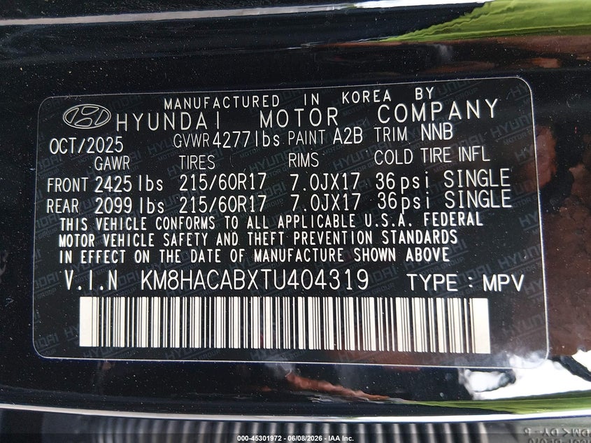 2026 Hyundai Kona Se VIN: KM8HACABXTU404319 Lot: 45301972