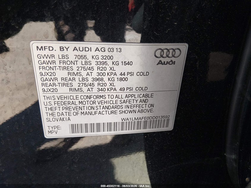 2013 Audi Q7 3.0 Tdi Premium VIN: WA1LMAFE0DD013592 Lot: 45302116