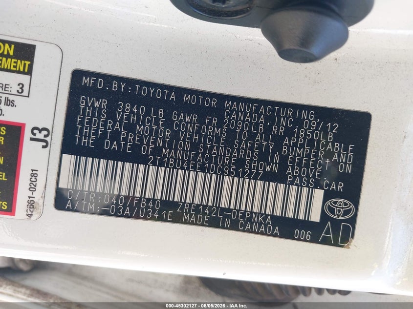 2013 Toyota Corolla Le VIN: 2T1BU4EE1DC951277 Lot: 45302127