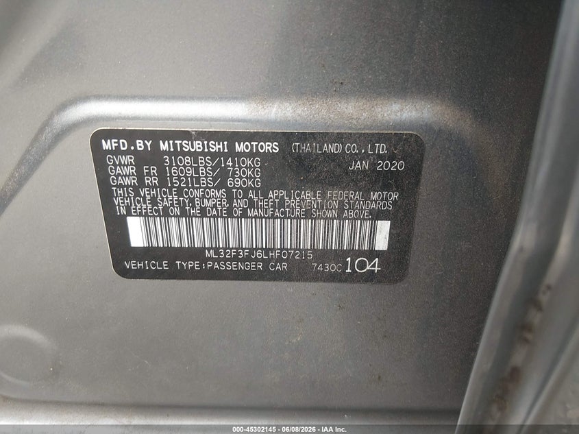 2020 Mitsubishi Mirage G4 Es VIN: ML32F3FJ6LHF07215 Lot: 45302145