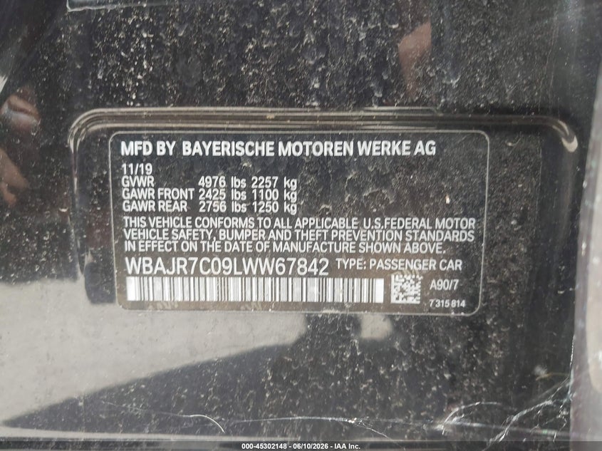 2020 BMW 530I xDrive VIN: WBAJR7C09LWW67842 Lot: 45302148