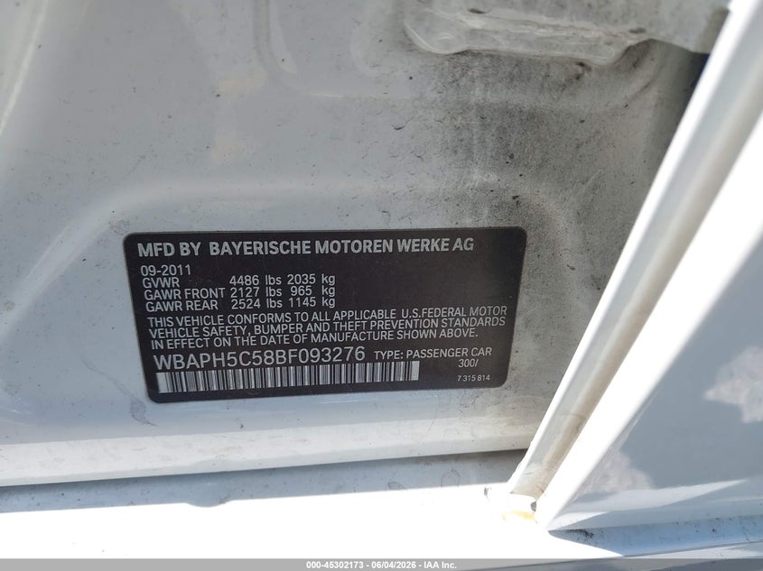 2011 BMW 328I VIN: WBAPH5C58BF093276 Lot: 45302173