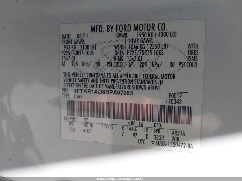 2011 Ford Ranger Xl VIN: 1FTKR1AD8BPA67963 Lot: 45302187