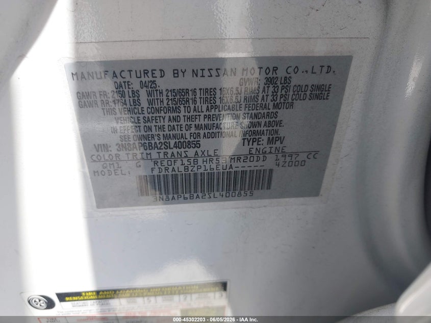 VIN 3N8AP6BA2SL400855 2025 NISSAN KICKS S FWD