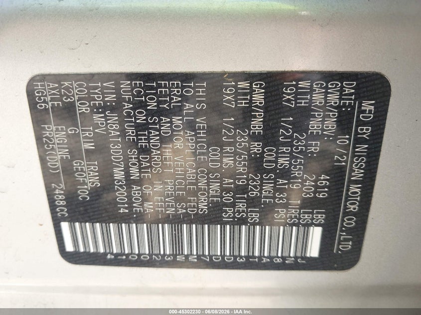 2021 NISSAN ROGUE 2.5L I-4 DI, DOHC, V(VIN: JN8AT3DD7MW320014