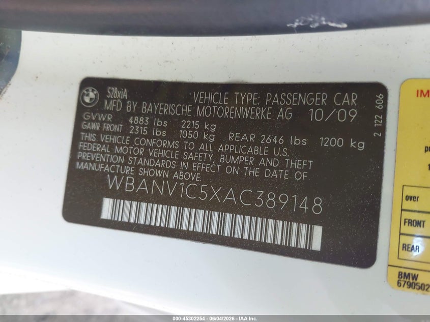 2010 BMW 528I xDrive VIN: WBANV1C5XAC389148 Lot: 45302254