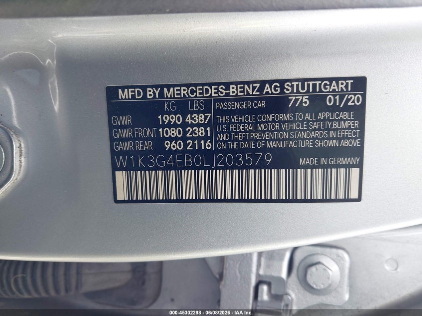 2020 Mercedes-Benz A 220 VIN: W1K3G4EB0LJ203579 Lot: 45302298