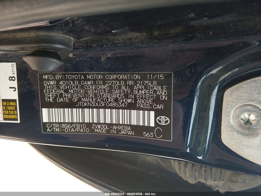 2015 Toyota Prius Two VIN: JTDKN3DU3F0485347 Lot: 45302322