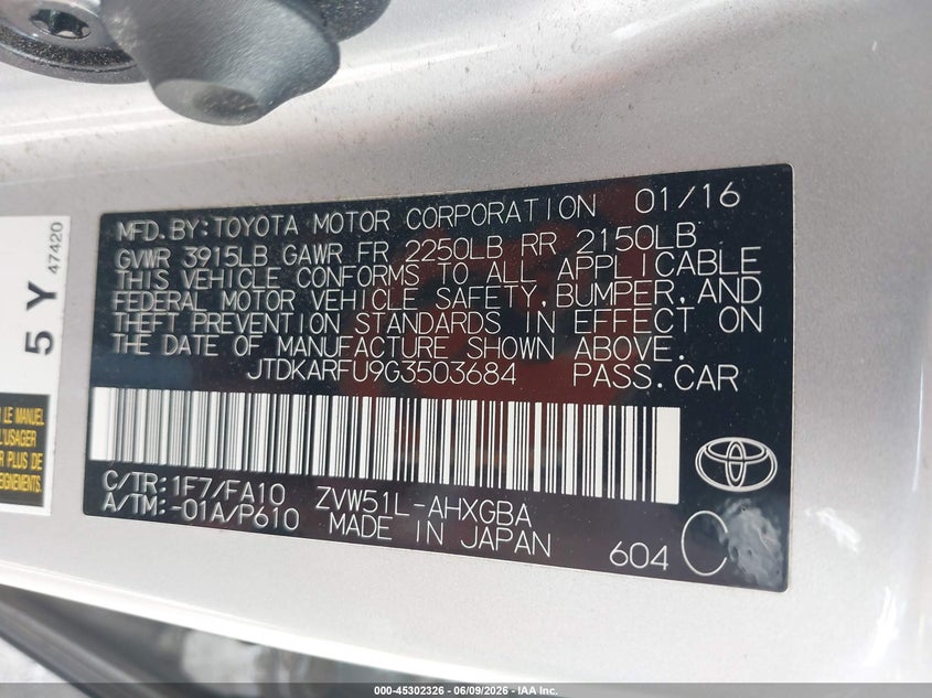 2016 Toyota Prius Three VIN: JTDKARFU9G3503684 Lot: 45302326
