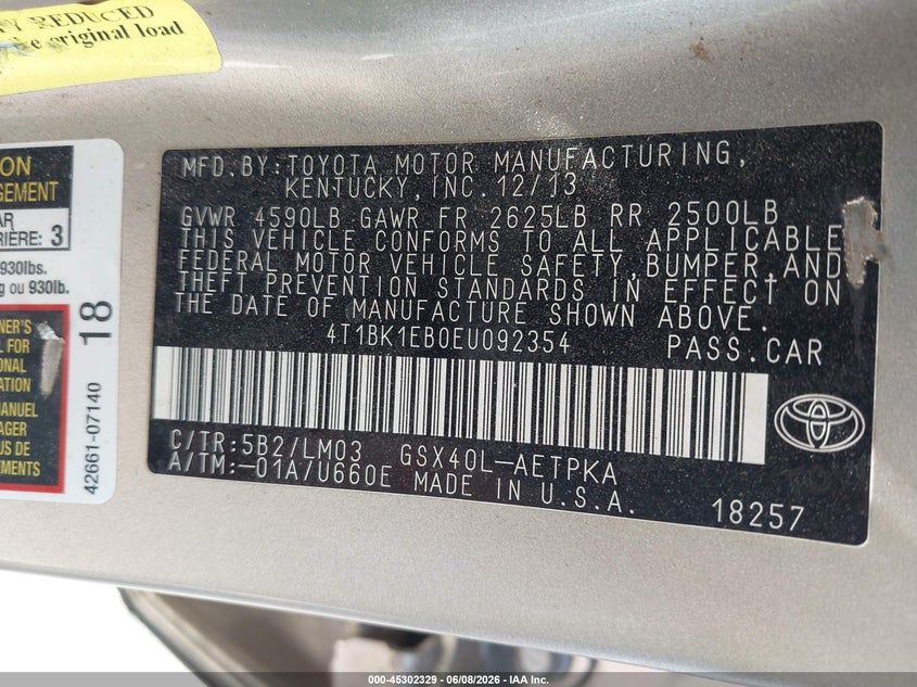 2014 TOYOTA AVALON SEDAN 3.5L V-6 DOHC, VVT, 268HP