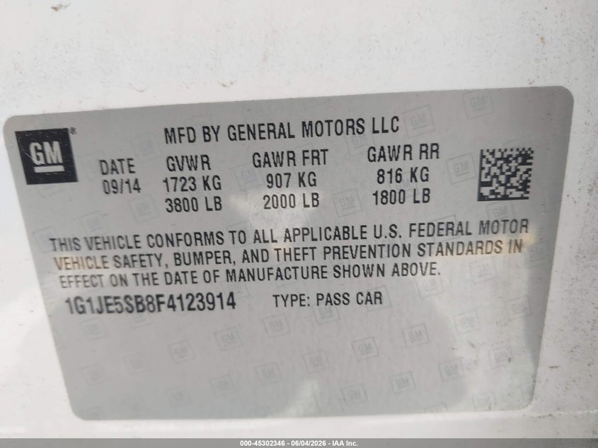 2015 Chevrolet Sonic Ltz Auto VIN: 1G1JE5SB8F4123914 Lot: 45302346
