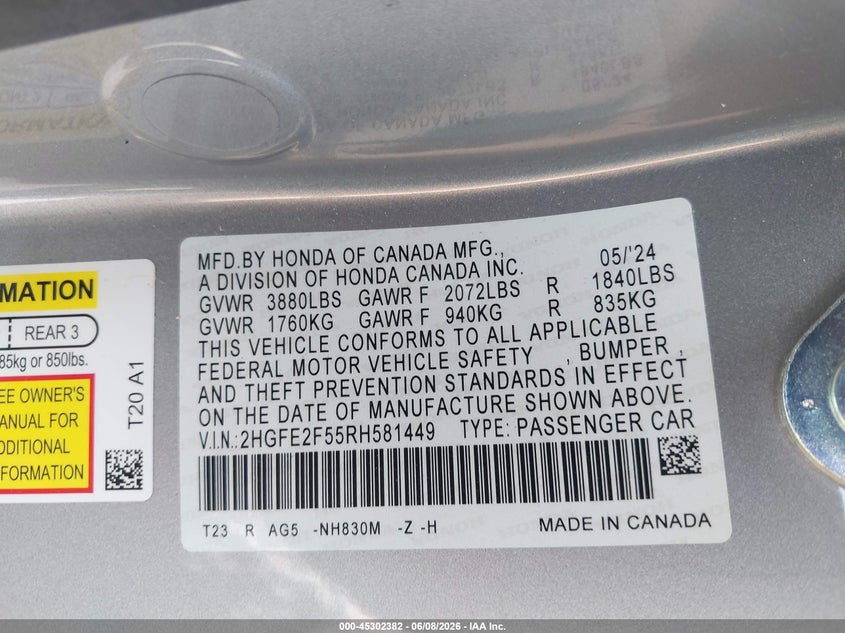 VIN 2HGFE2F55RH581449 2024 HONDA CIVIC SPORT