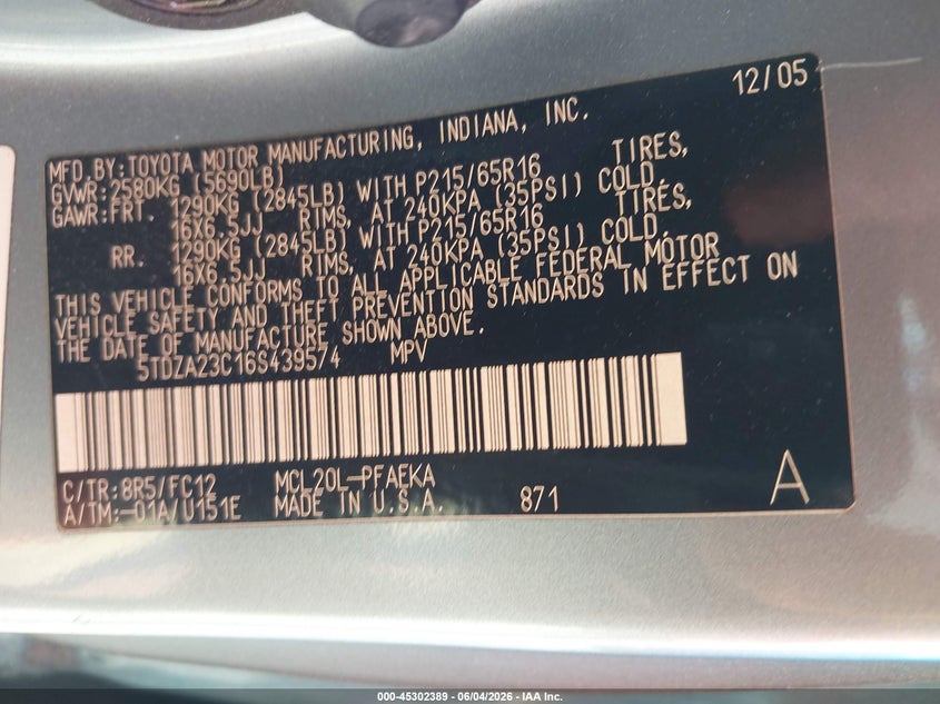 2006 Toyota Sienna Le VIN: 5TDZA23C16S439574 Lot: 45302389
