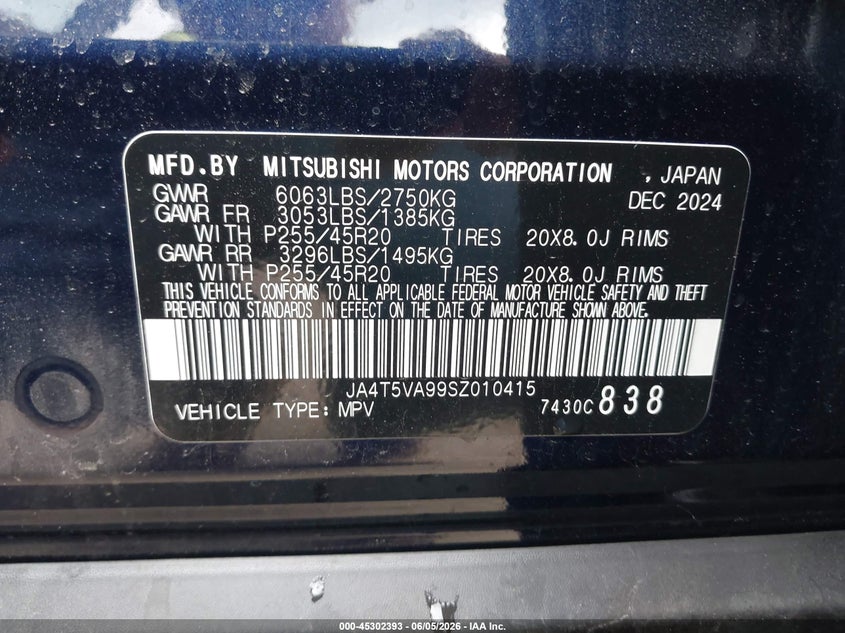 2025 Mitsubishi Outlander Phev Se S-Awc VIN: JA4T5VA99SZ010415 Lot: 45302393