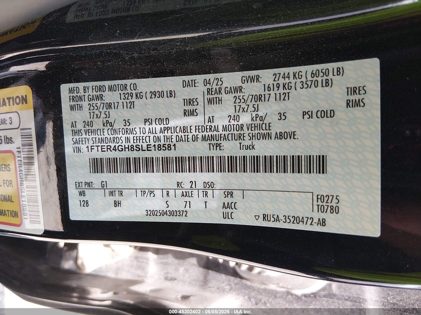 VIN 1FTER4GH8SLE18581 2025 FORD RANGER XLT
