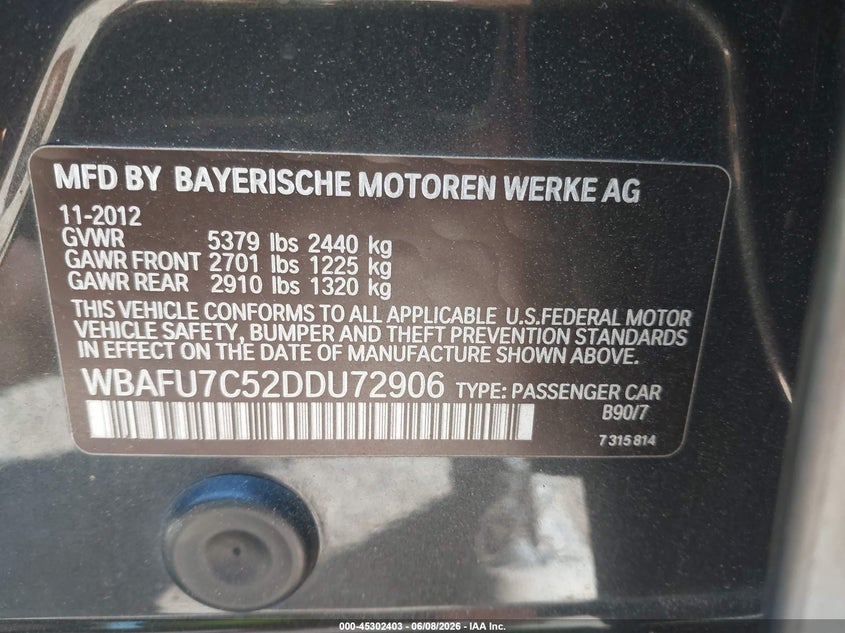 2013 BMW 535I xDrive VIN: WBAFU7C52DDU72906 Lot: 45302403