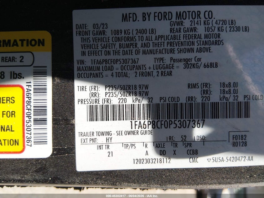 VIN 1FA6P8CF0P5307367 2023 FORD MUSTANG GT FASTBACK