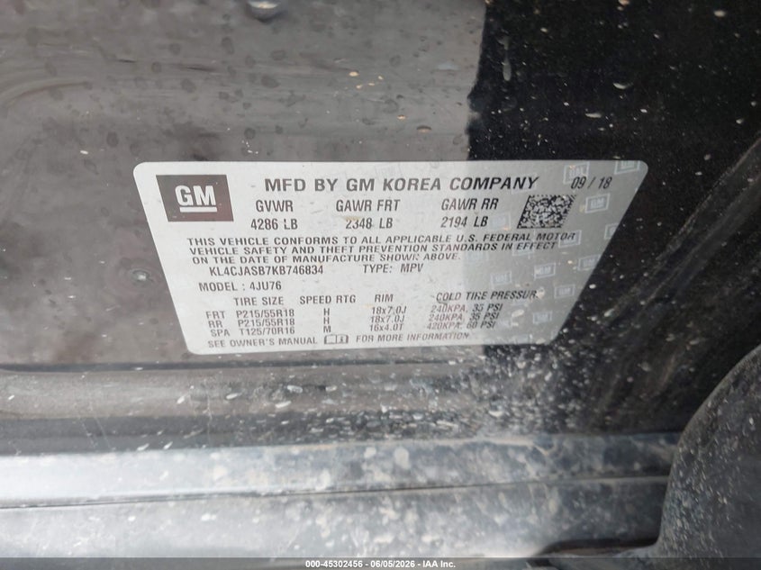 2019 Buick Encore Fwd Preferred VIN: KL4CJASB7KB746834 Lot: 45302456