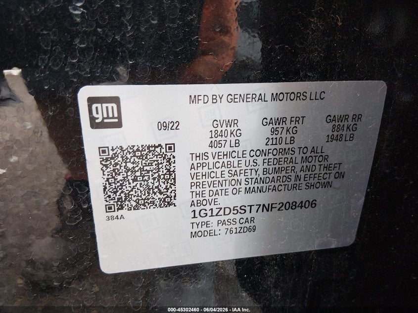 2022 Chevrolet Malibu Fwd Lt VIN: 1G1ZD5ST7NF208406 Lot: 45302460