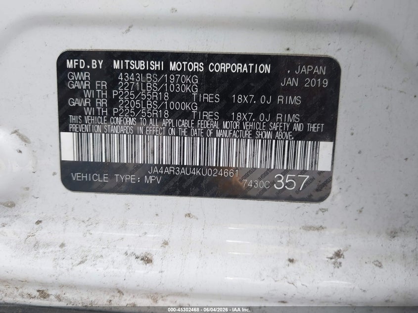 2019 Mitsubishi Outlander Sport 2.0 Le VIN: JA4AR3AU4KU024661 Lot: 45302468
