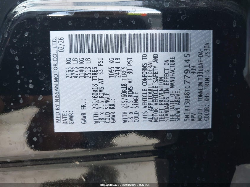 NISSAN ROGUE 2026 VIN 5N1BT3BB8TC779145