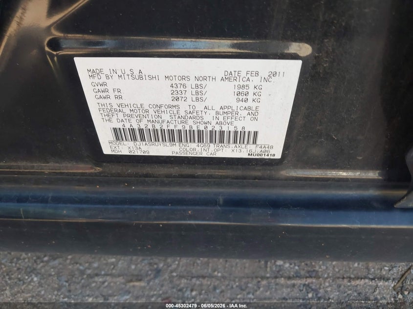 2011 Mitsubishi Galant Fe VIN: 4A32B2FF9BE023158 Lot: 45302479