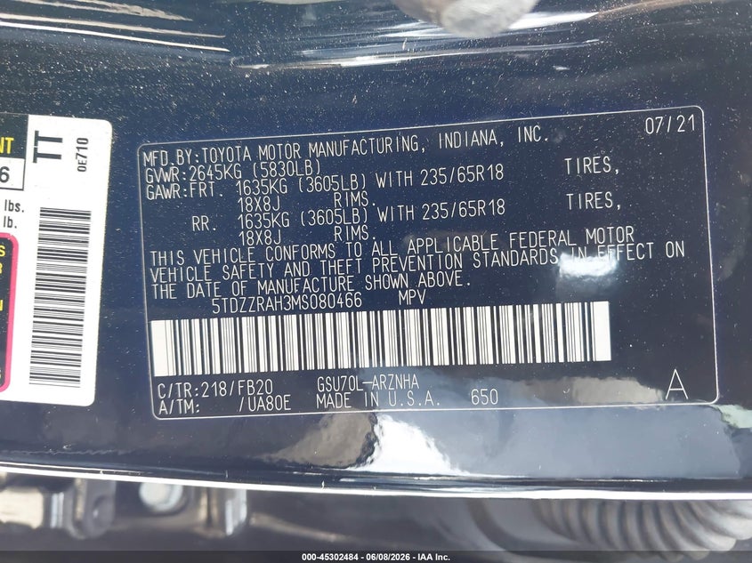 2021 Toyota Highlander Le VIN: 5TDZZRAH3MS080466 Lot: 45302484