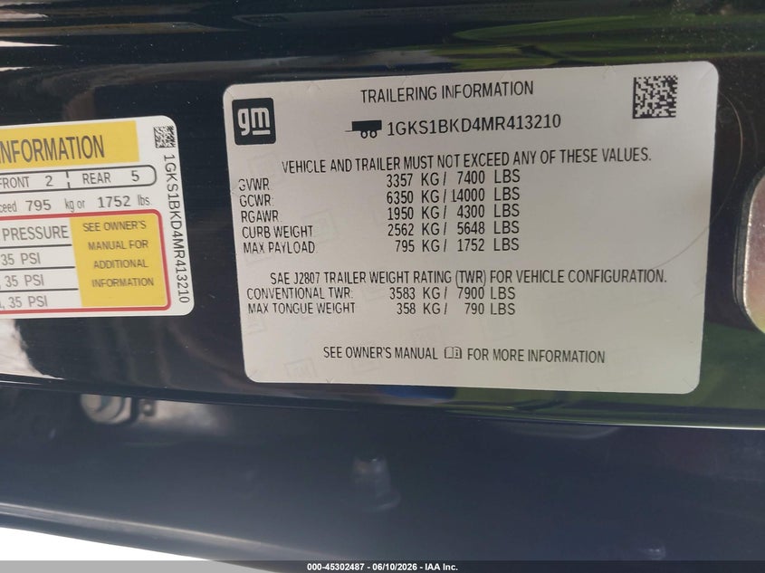 2021 GMC Yukon 2Wd Slt VIN: 1GKS1BKD4MR413210 Lot: 45302487