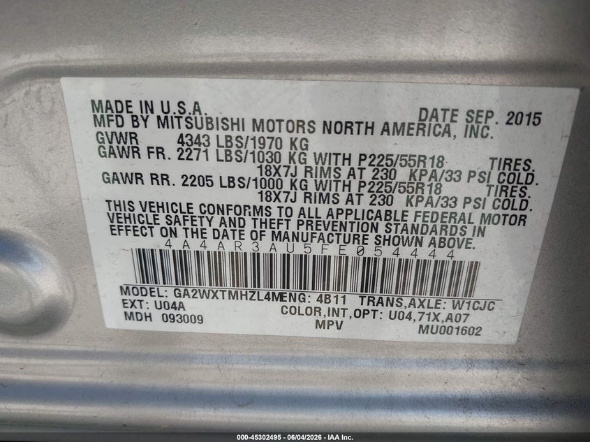 2015 Mitsubishi Outlander Sport Es VIN: 4A4AR3AU5FE054444 Lot: 45302495
