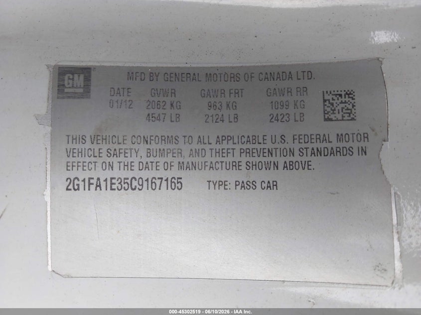 2012 Chevrolet Camaro 2Ls VIN: 2G1FA1E35C9167165 Lot: 45302519