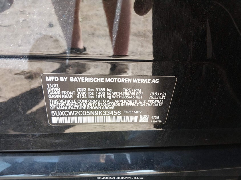 2022 BMW X7 xDrive40I VIN: 5UXCW2C05N9K33456 Lot: 45302529